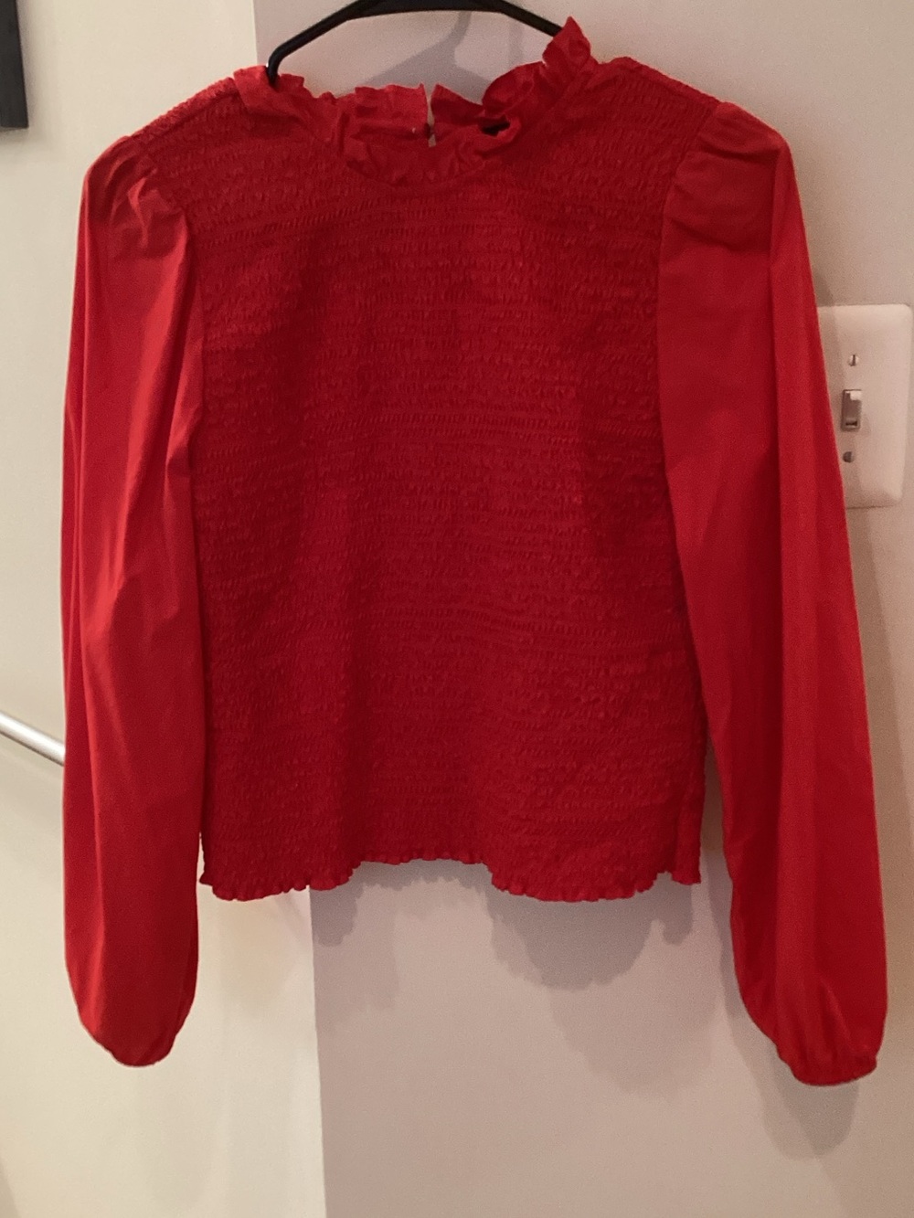 J. Crew Red Smocked Ruffle-Trim Blouse